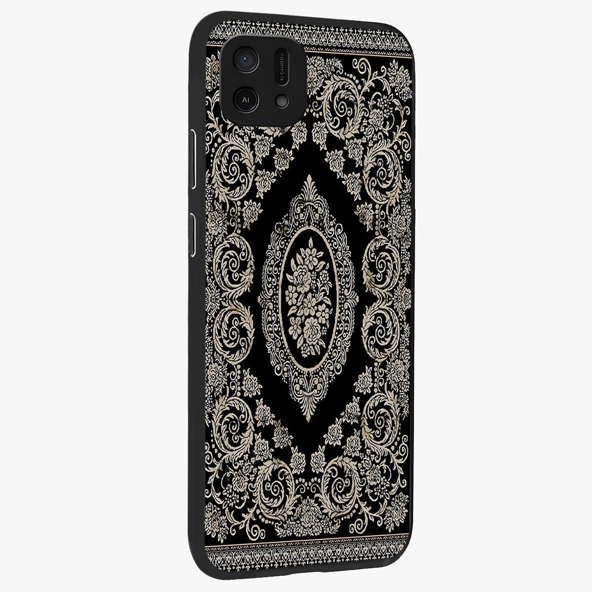 Noir Bloom Elegance Glass Case upright view showcasing graceful floral artwork with luxurious dark theme.