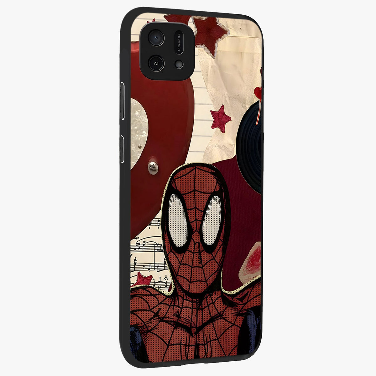Web Warrior Vibes Glass Case upright view showcasing energetic superhero artwork with bold action theme.