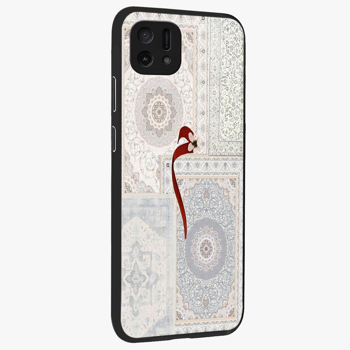 White Aesthetic Bow Glass Case upright view showcasing delicate ribbon bow artwork with cute minimalist theme.