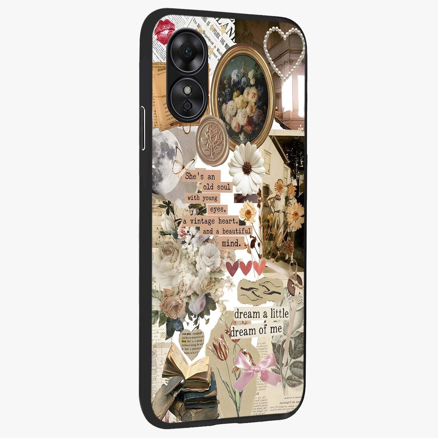 Aesthetic Brown Vintage Collage Glass Case upright view showcasing nostalgic retro artwork with stylish vintage theme.