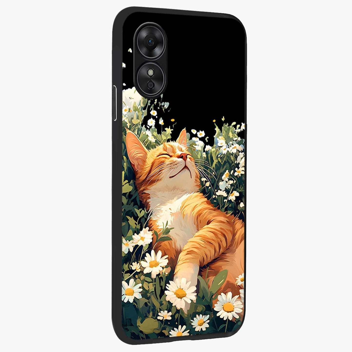 Blissful Bloom Cat Glass Case upright view showcasing charming cat design surrounded by blooming floral elements.