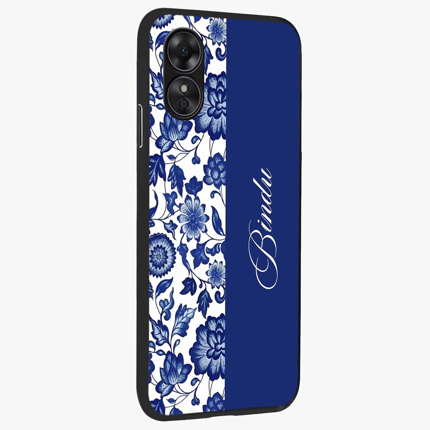 Blue Vintage Floral Pattern Glass Case upright view showcasing delicate blush floral texture with modern minimal style.