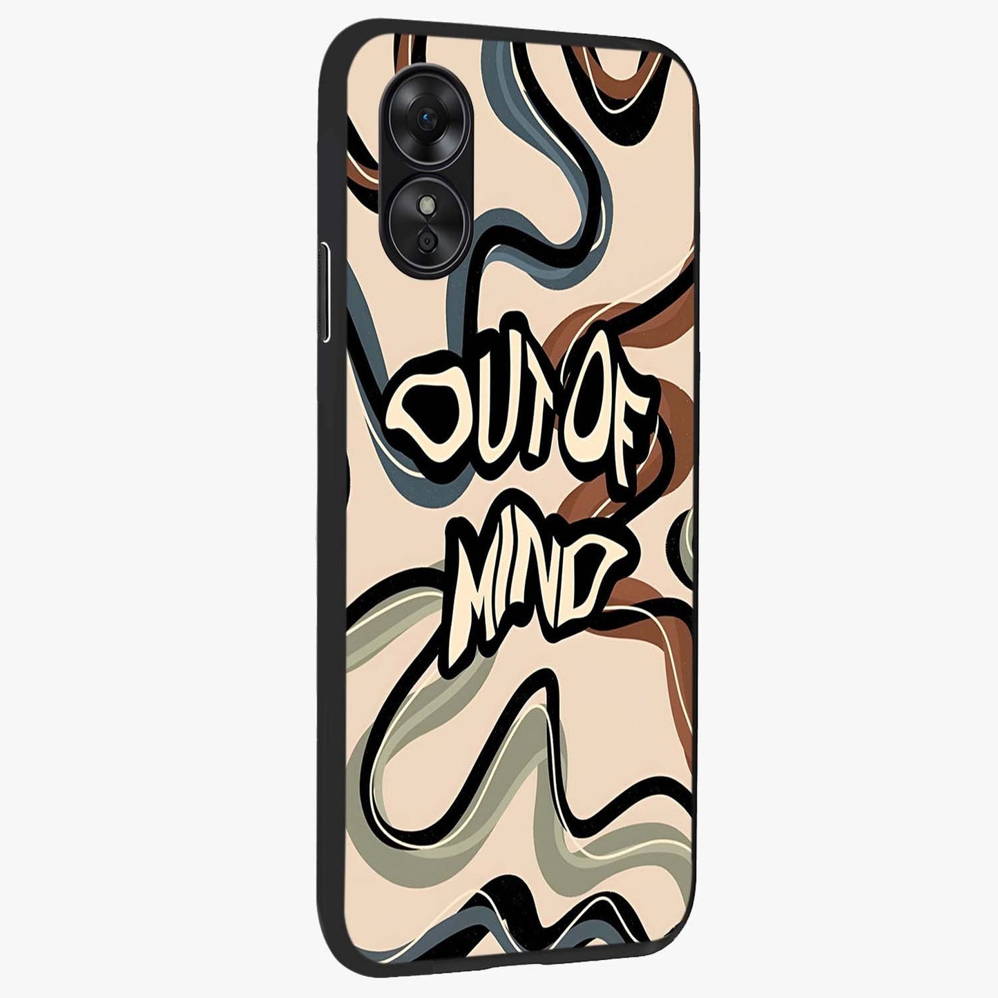 Out Of Mind Glass Case upright view showcasing striking typography artwork with edgy conceptual theme.