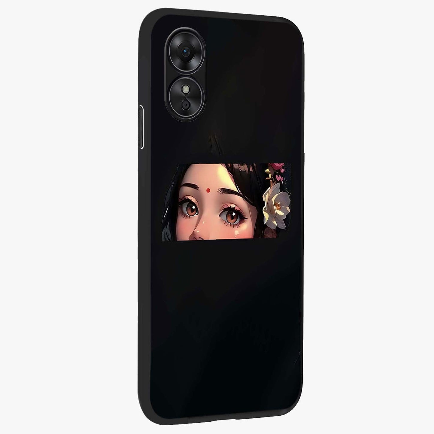 Radha Divine Embrace Glass Case upright view showcasing sacred Radha themed artwork with peaceful devotional style.
