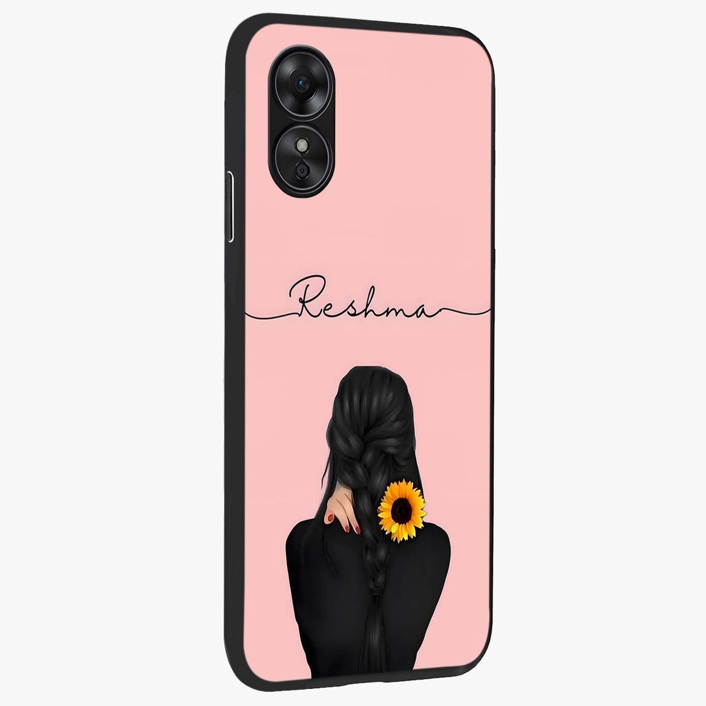 Sunflower Braid Beauty With Custom Name Glass Case upright view showcasing bright sunflower artwork with personalized floral aesthetic.