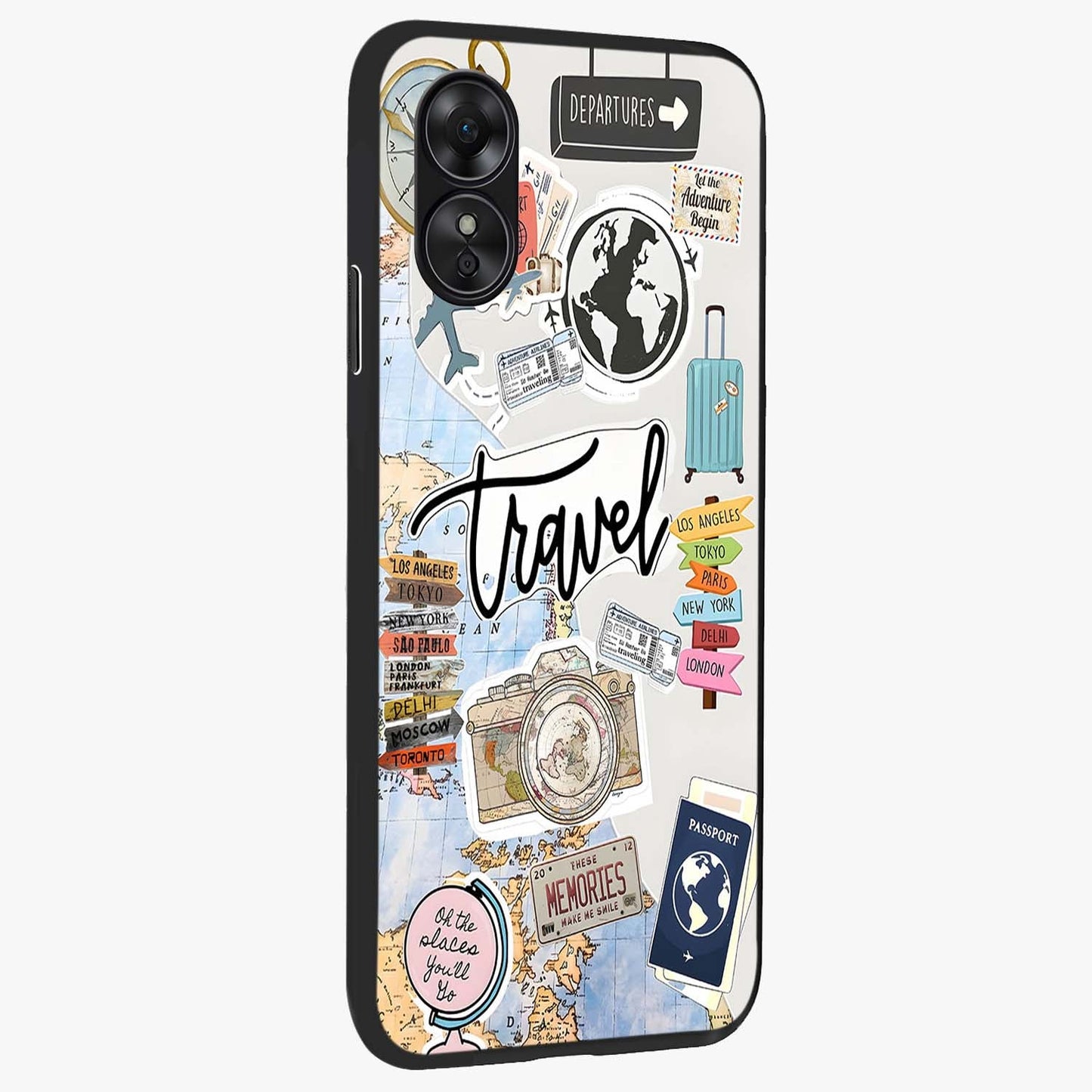 Wanderlust Journal Glass Case upright view showcasing wanderlust inspired artwork with creative exploration theme.