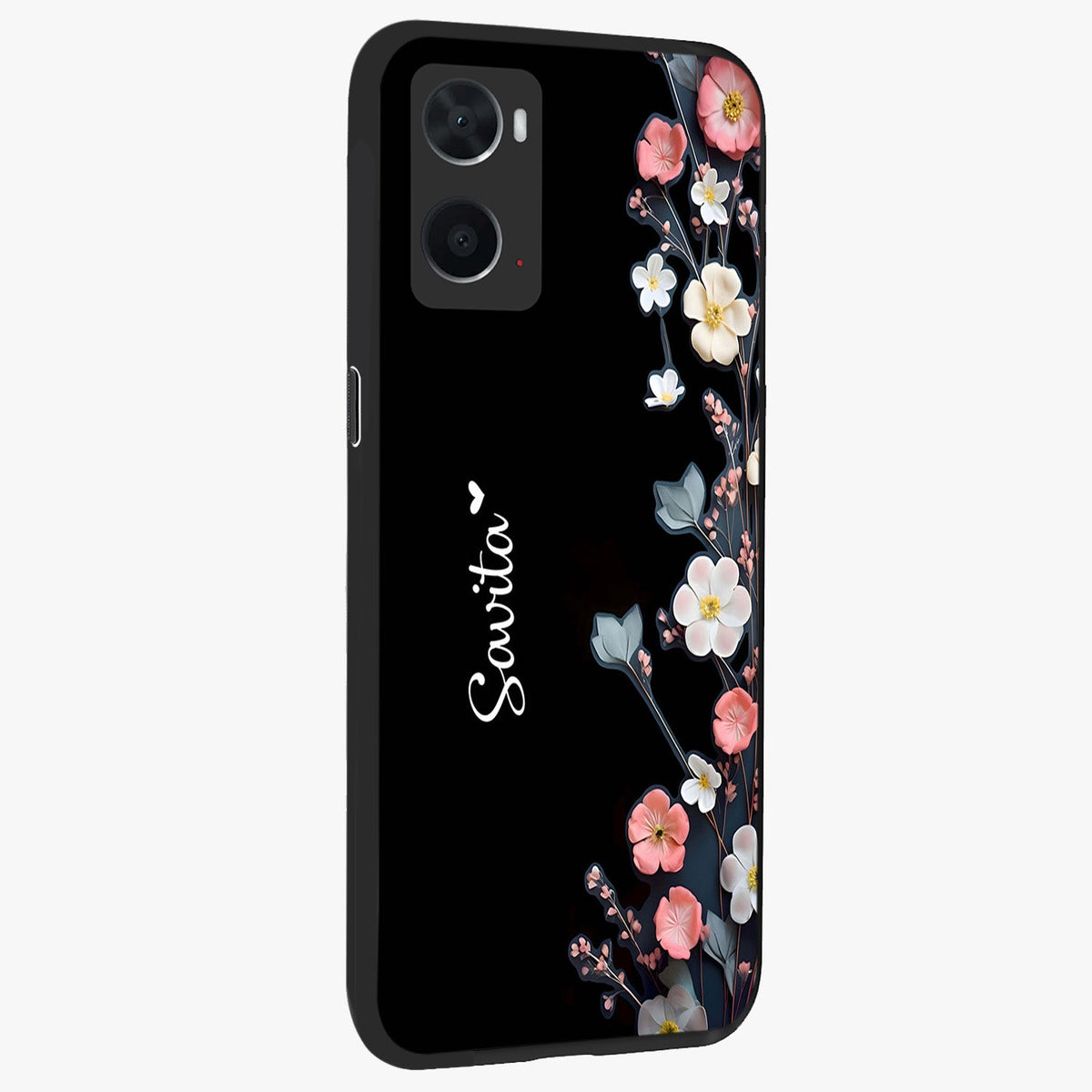 Black Elegance Floral Custom Name Glass Case upright view showcasing luxurious black floral design with personalized name detail.