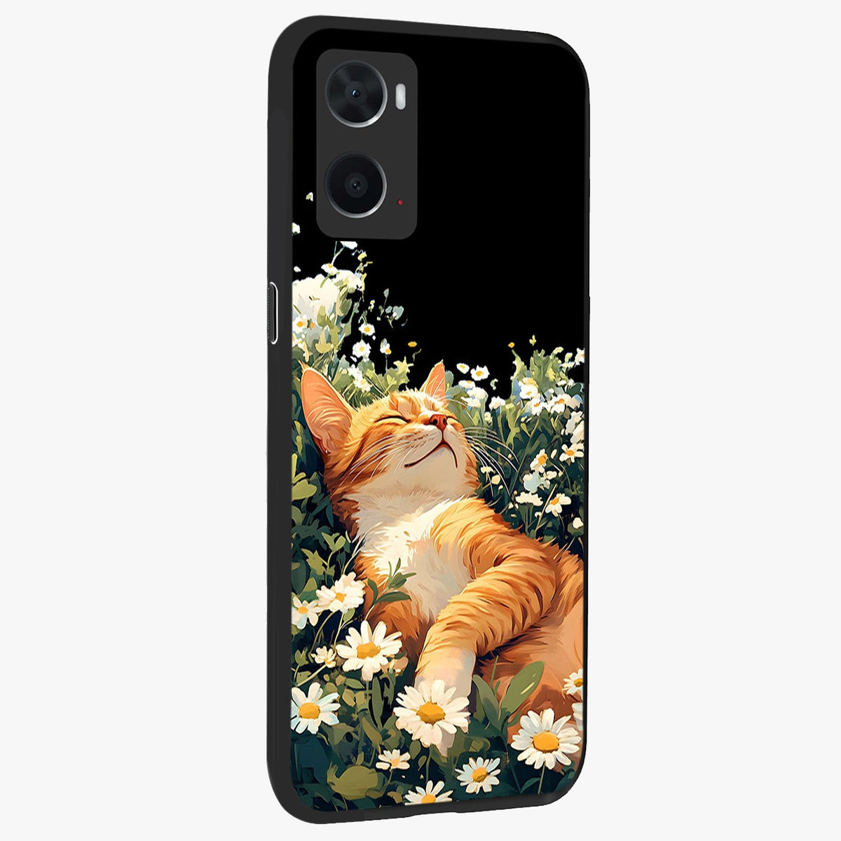 Blissful Bloom Cat Glass Case upright view showcasing charming cat design surrounded by blooming floral elements.