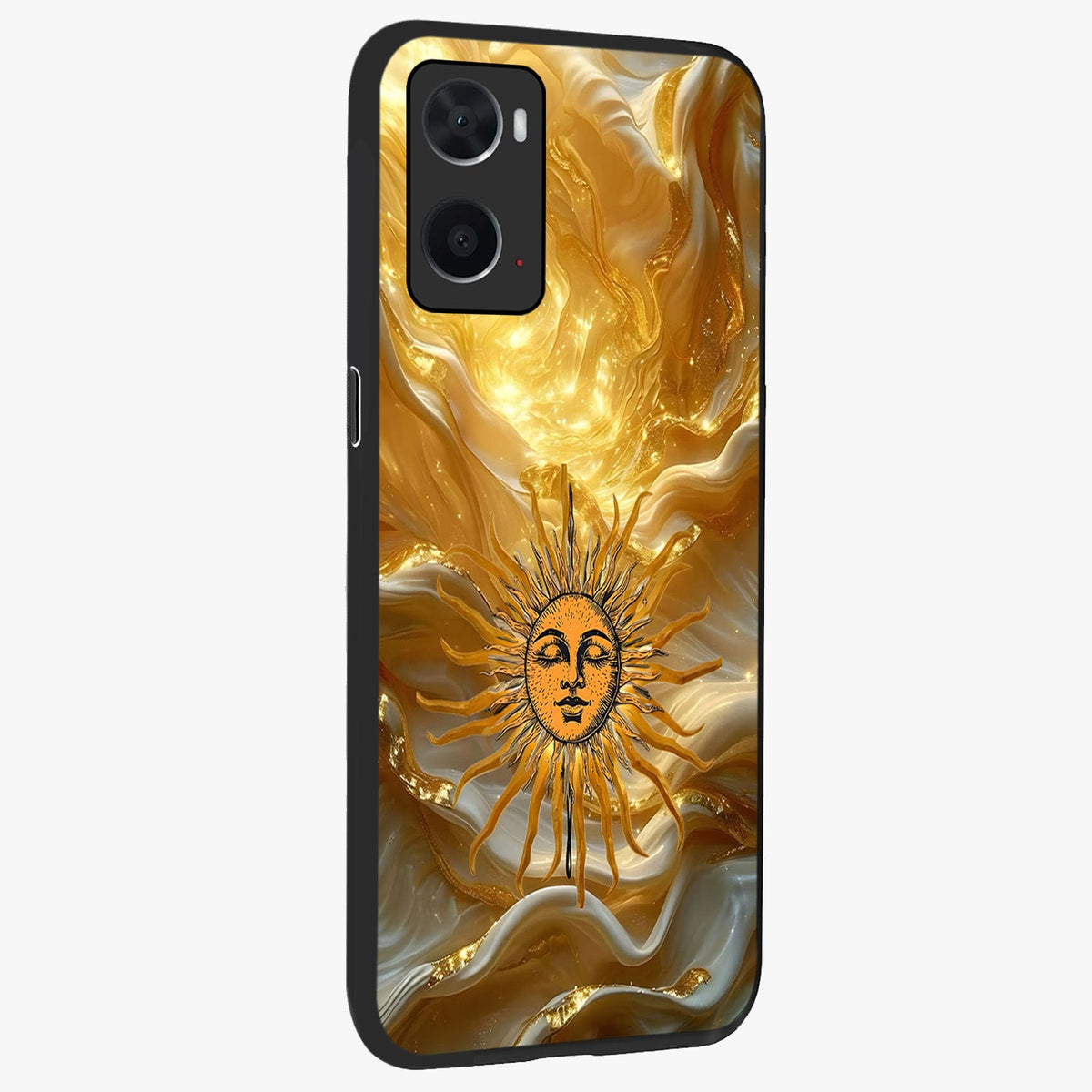 Eternal Golden Glow Glass Case upright view showcasing luminous golden artwork with luxurious visual theme.
