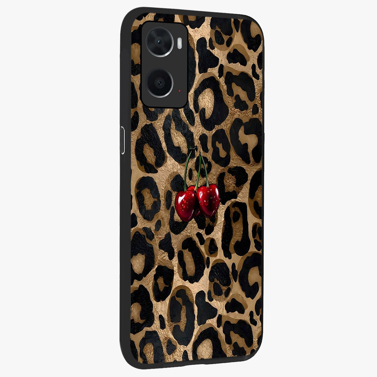 Leopard Wild Cherry Glass Case upright view showcasing stylish leopard pattern artwork with trendy fashion theme.