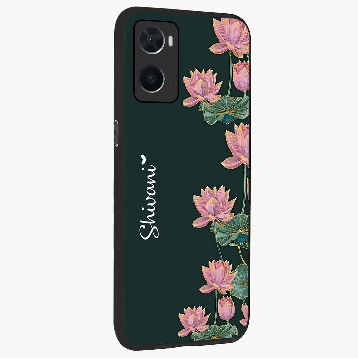 Lotus Bloom Serenity Custom Name Glass Case upright view showcasing serene lotus bloom artwork with personalized floral aesthetic.
