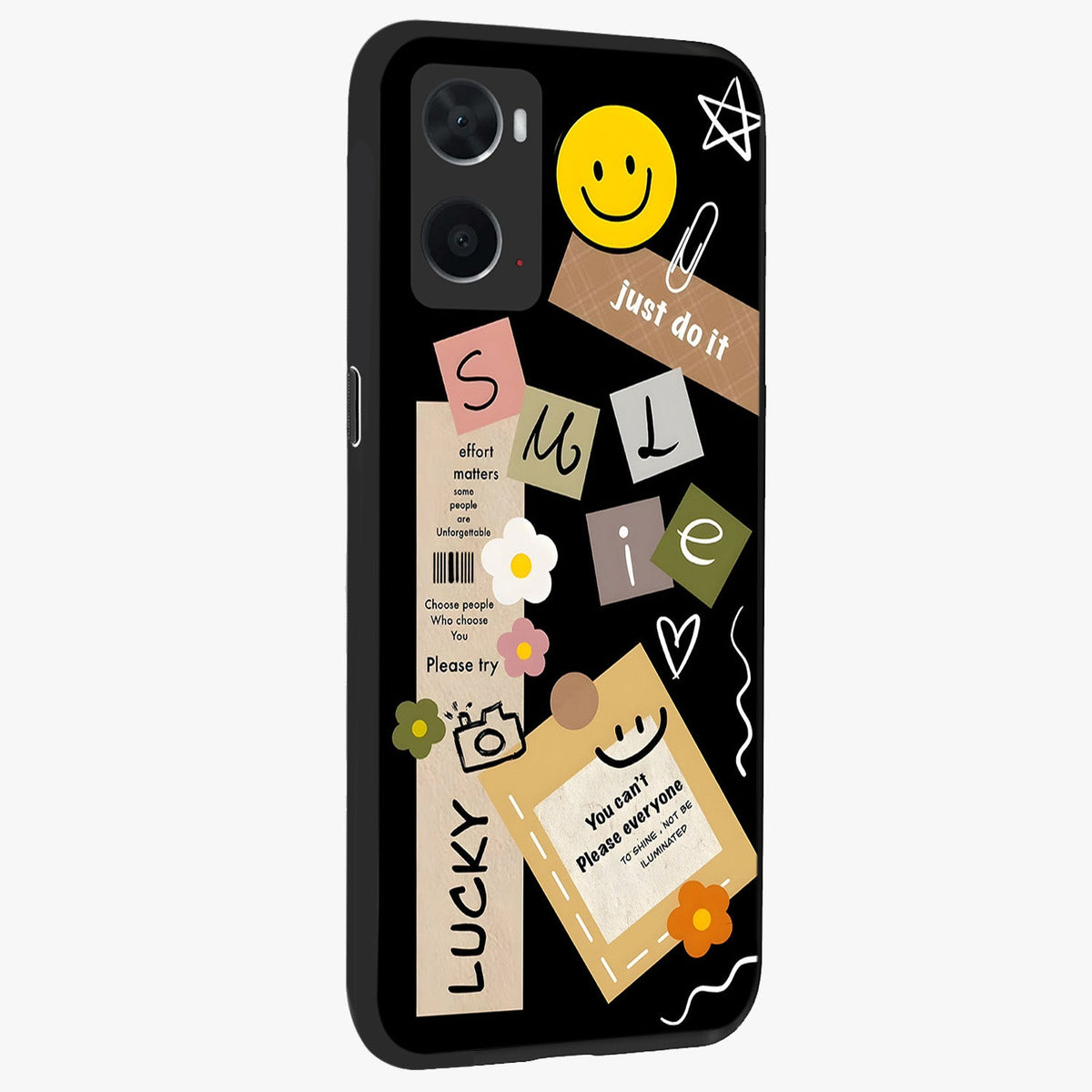 Lucky Aesthetic Collage Glass Case upright view showcasing vibrant collage artwork with youthful aesthetic theme.
