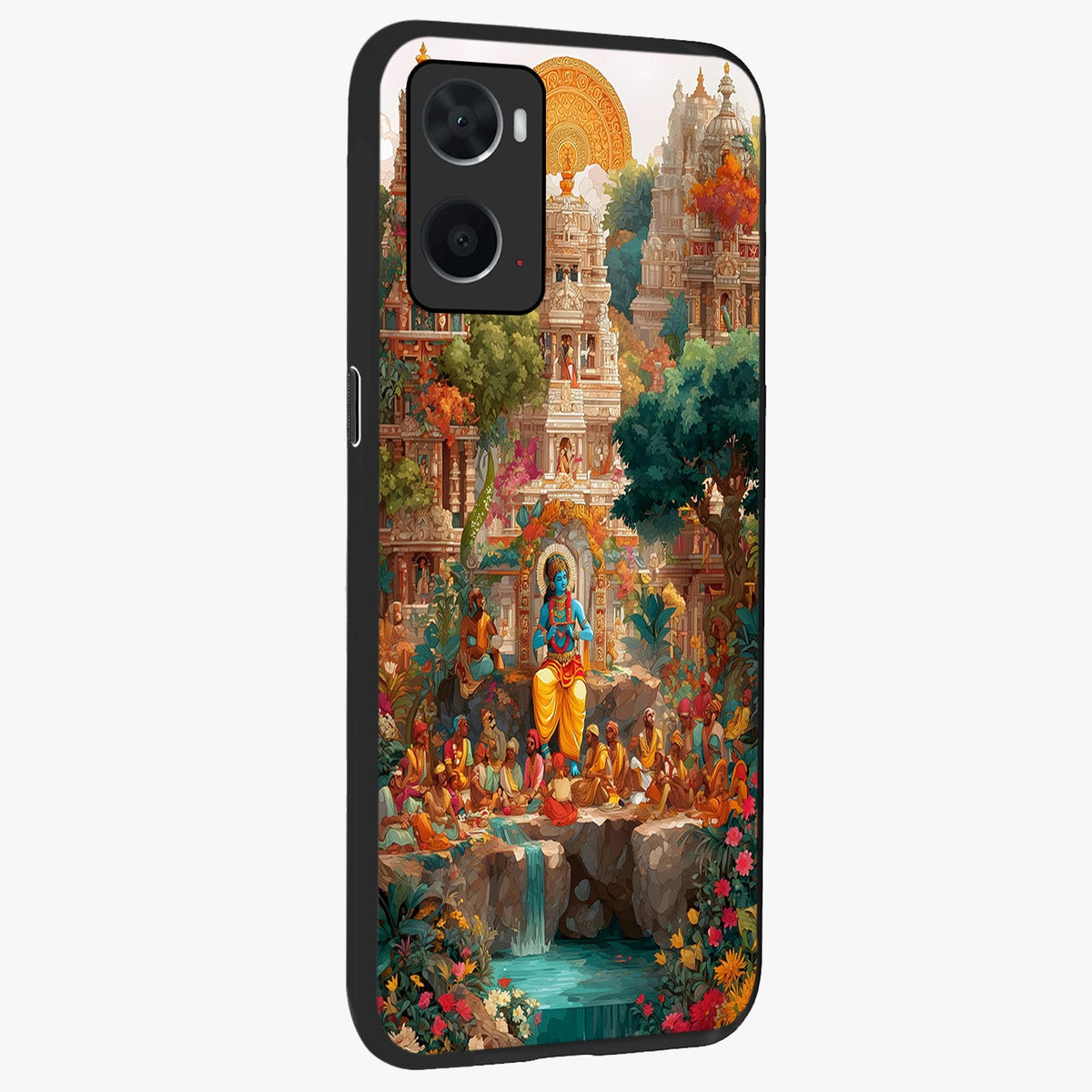 Sacred Sunlight Gods Glass Case upright view showcasing glowing divine artwork with sacred mythological theme.