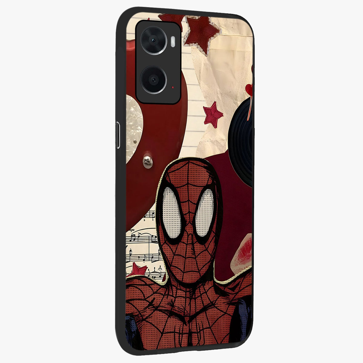 Web Warrior Vibes Glass Case upright view showcasing energetic superhero artwork with bold action theme.