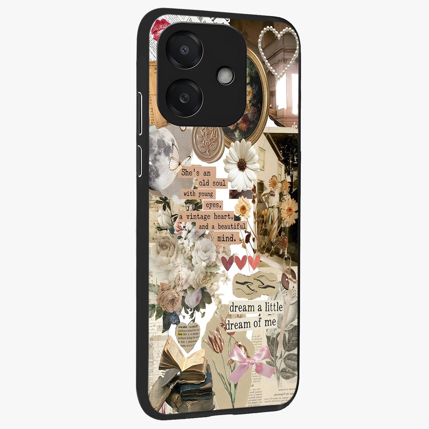 Aesthetic Brown Vintage Collage Glass Case upright view showcasing nostalgic retro artwork with stylish vintage theme.