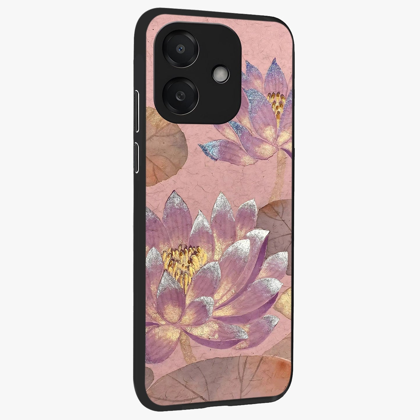 Blossom Mist Lotus Glass Case upright view showcasing graceful lotus flower design with peaceful botanical style.
