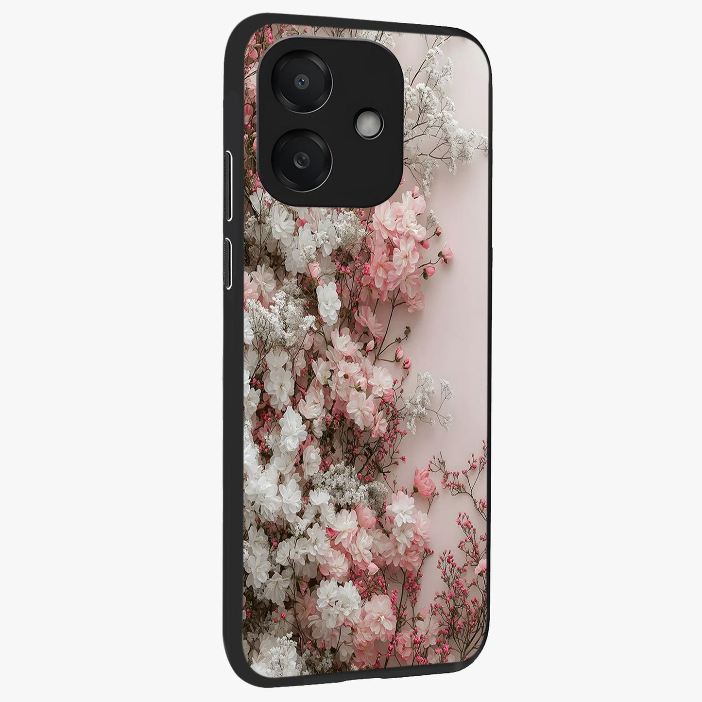 Blush Blossom Cloud Glass Case upright view showcasing calm floral cloud artwork with gentle dreamy theme.