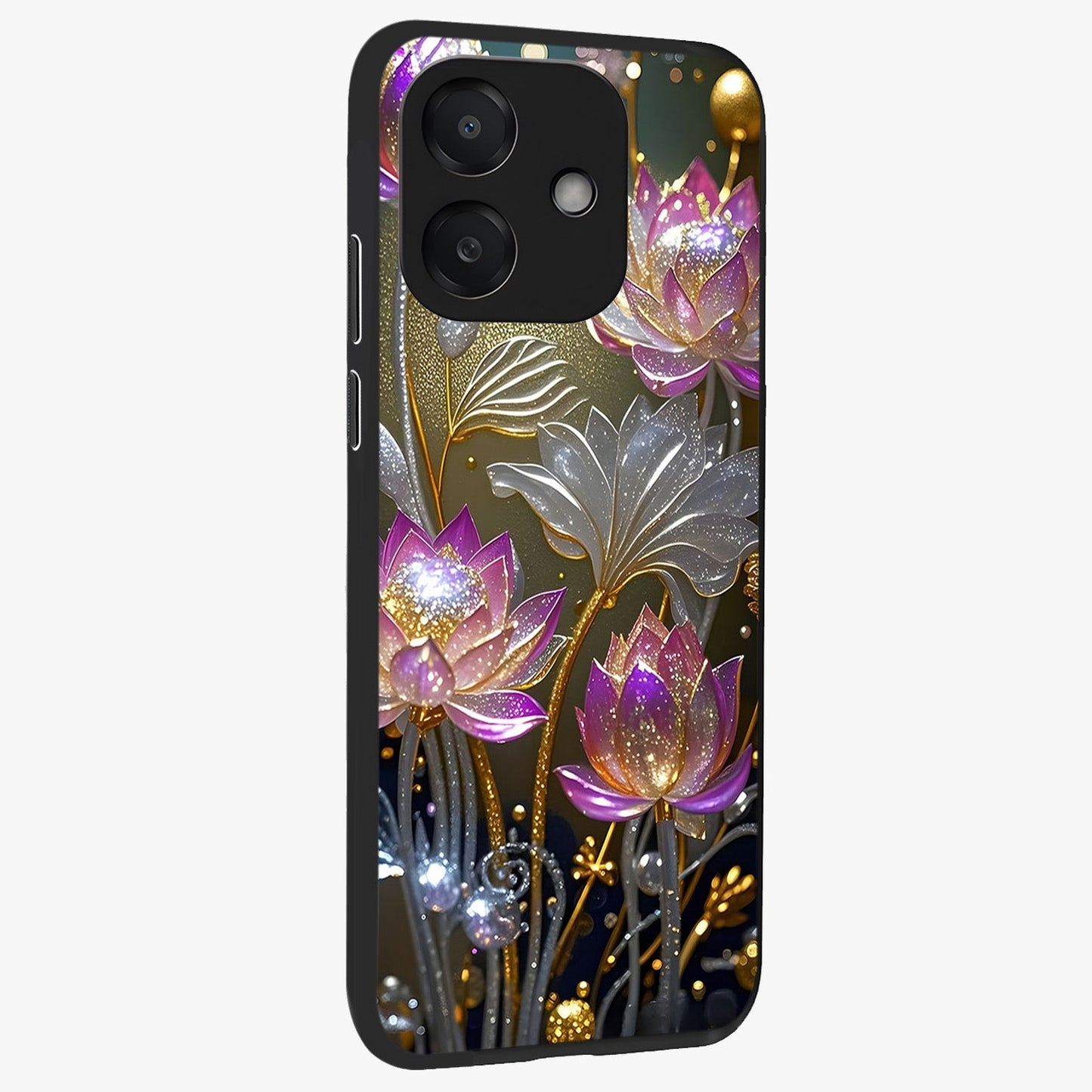 Golden Floral Majesty Glass Case upright view showcasing majestic floral artwork with rich decorative theme.
