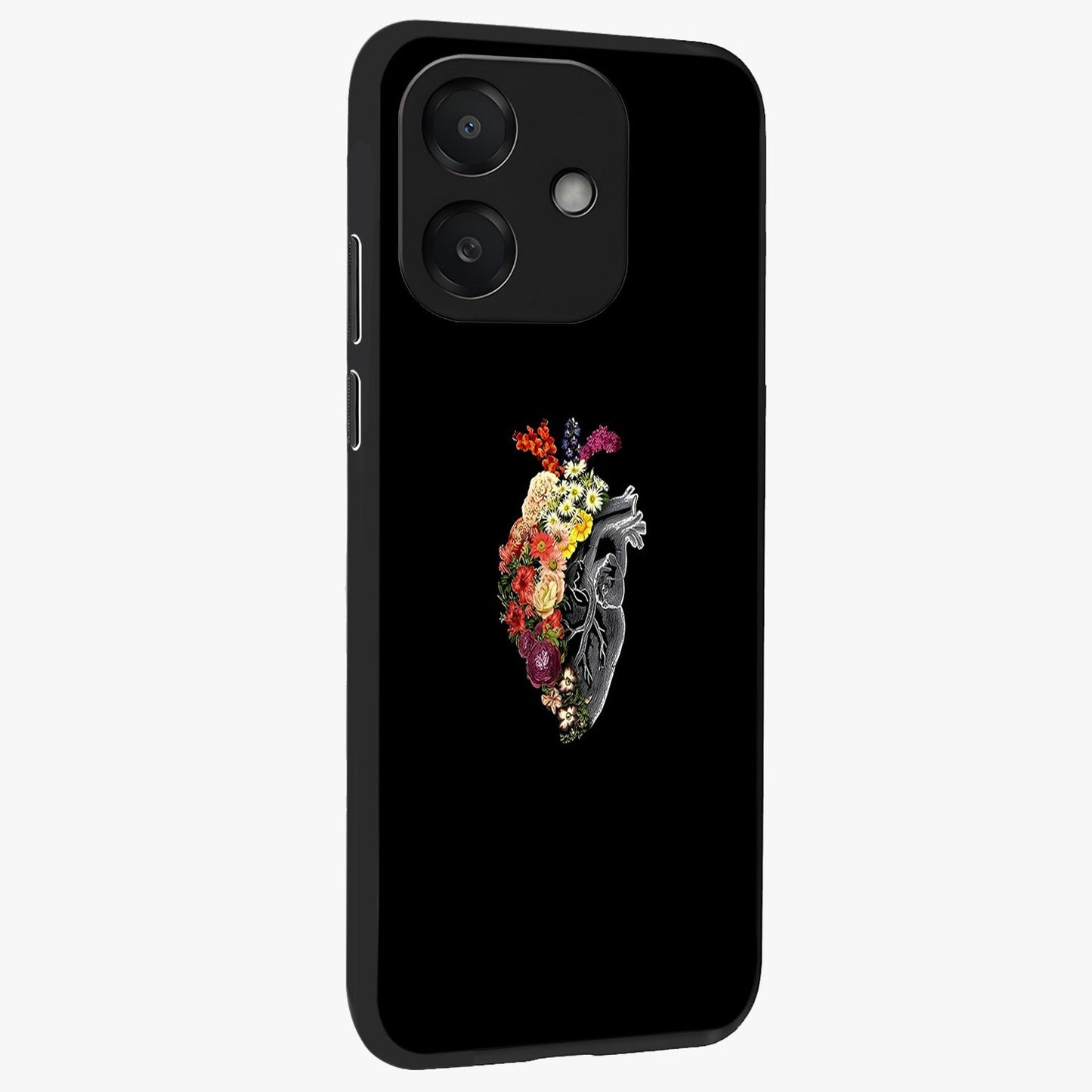 Heart With Flowers Glass Case upright view showcasing decorative heart and floral artwork with sweet romantic theme.