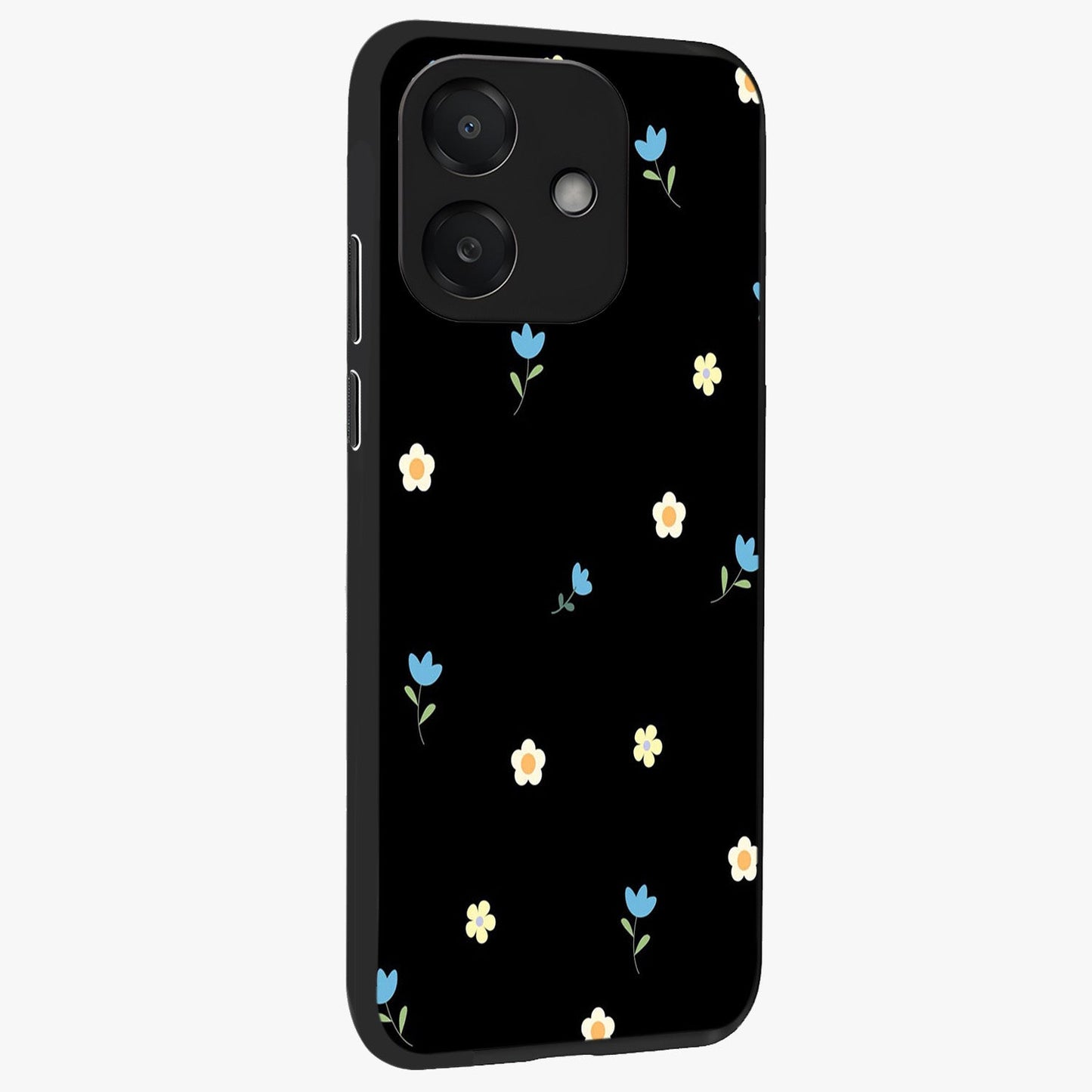 Minimal Petal Whispers Glass Case upright view showcasing elegant floral artwork with modern minimalist style.