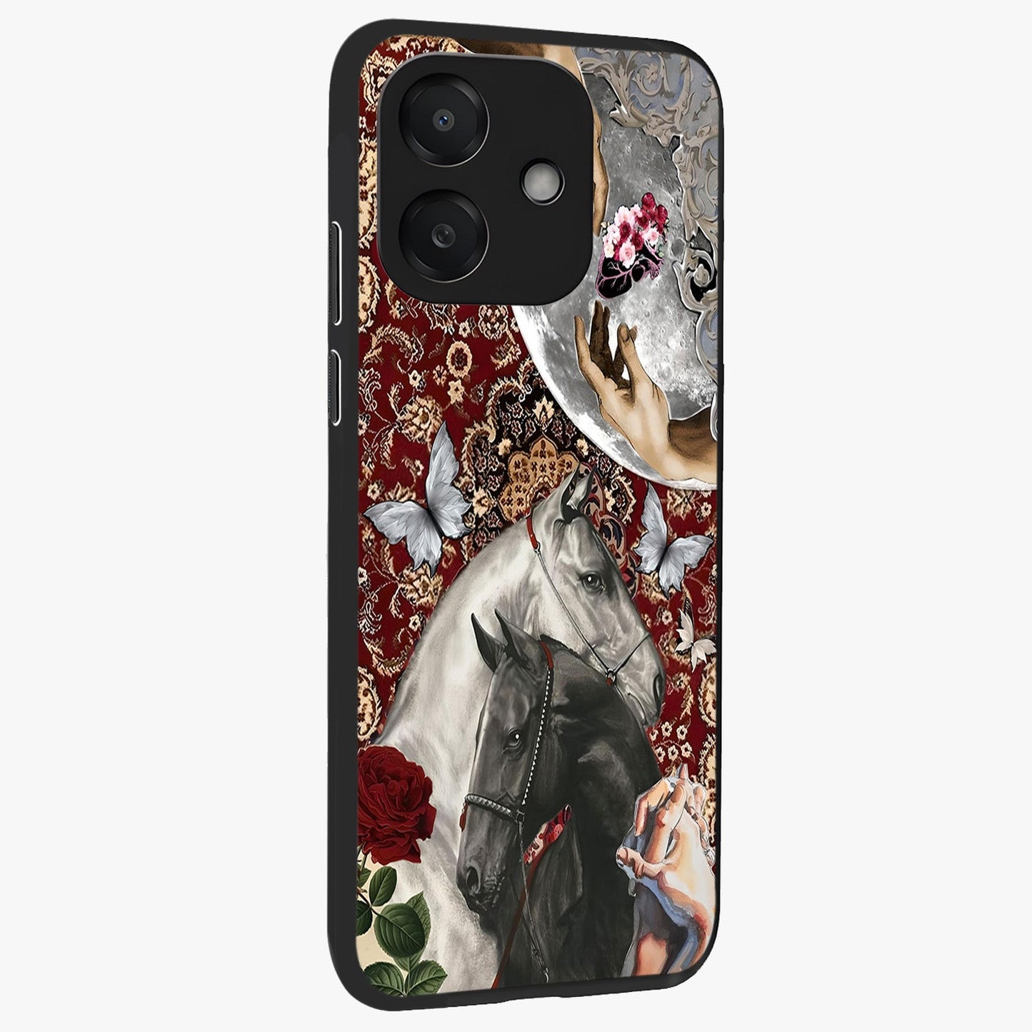 Moonlit Royal Stallion Glass Case upright view showcasing dramatic horse artwork with glowing moon themed design.