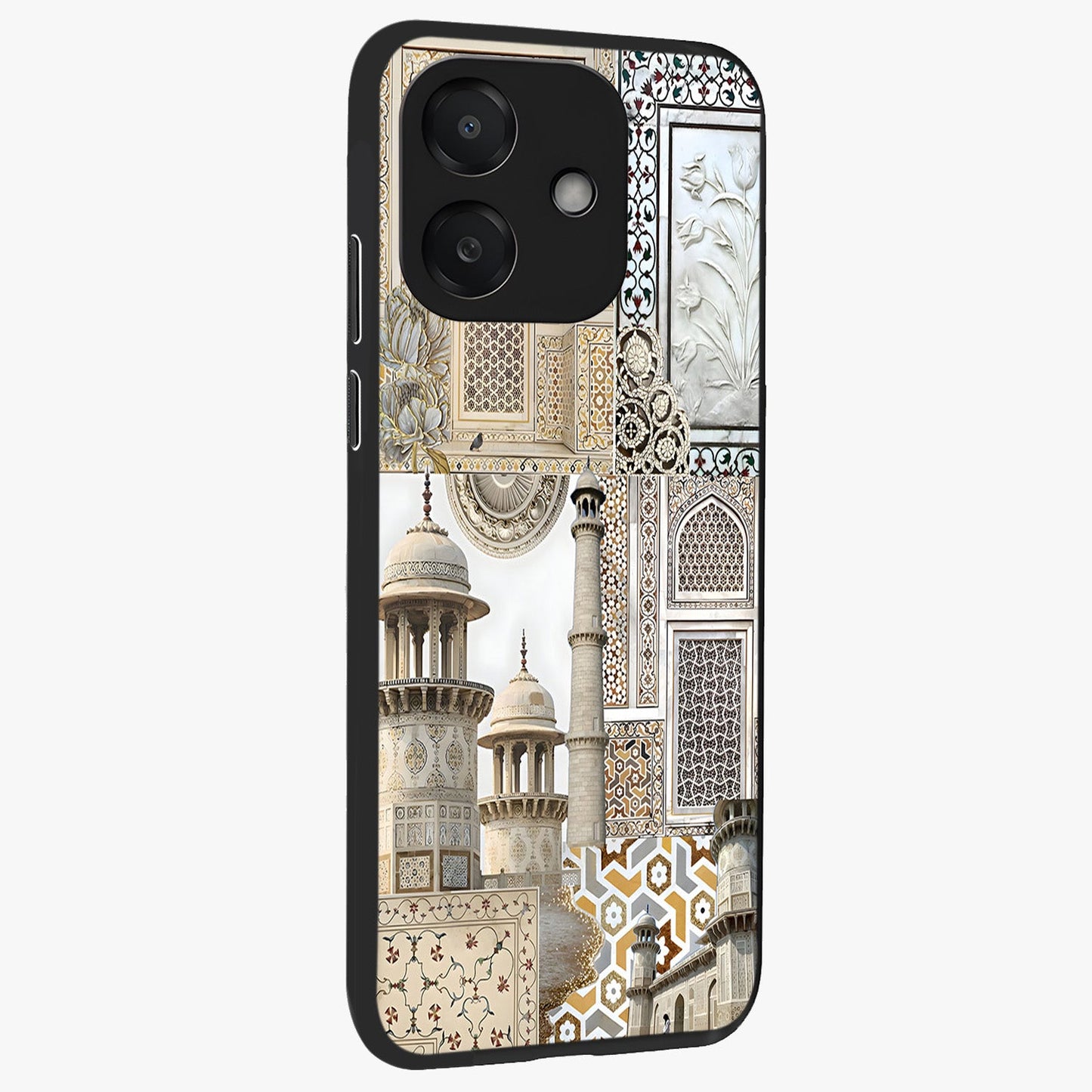 Mughal Marble Legacy Glass Case upright view showcasing ornate Mughal design with luxurious traditional theme.