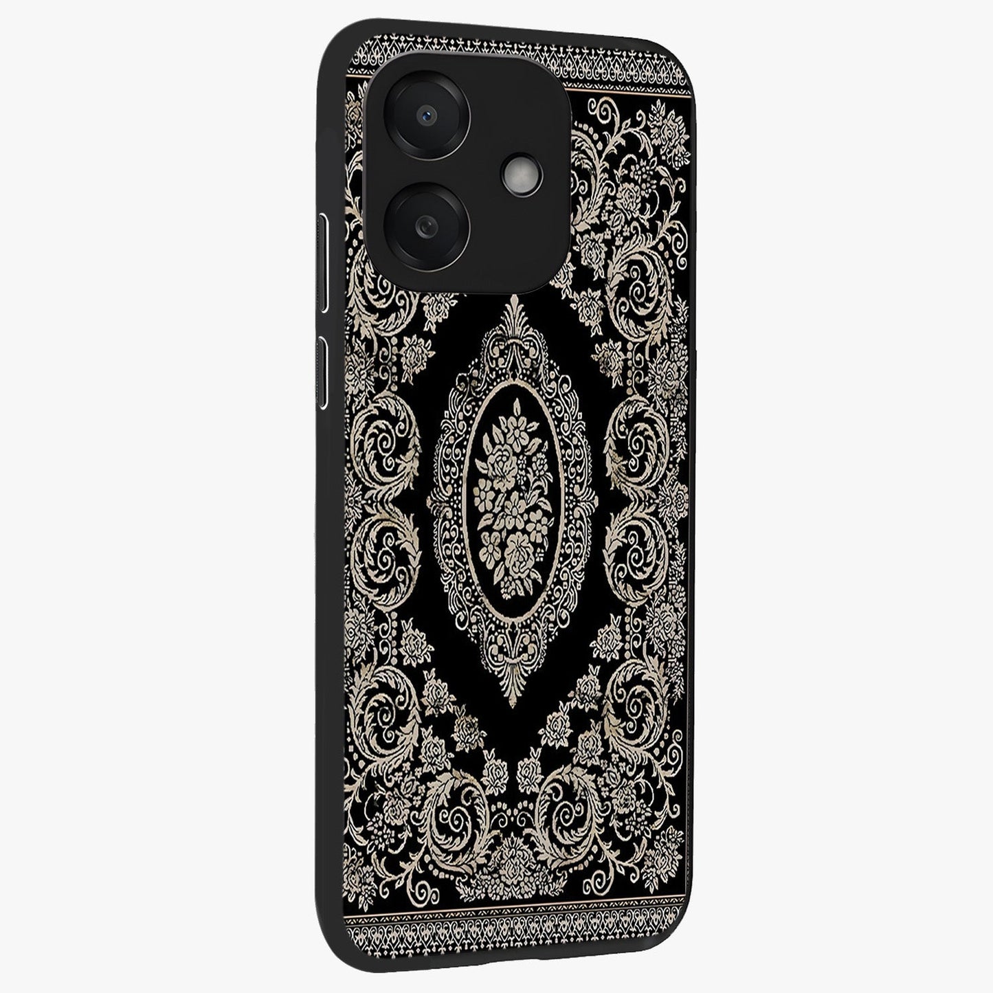 Noir Bloom Elegance Glass Case upright view showcasing graceful floral artwork with luxurious dark theme.