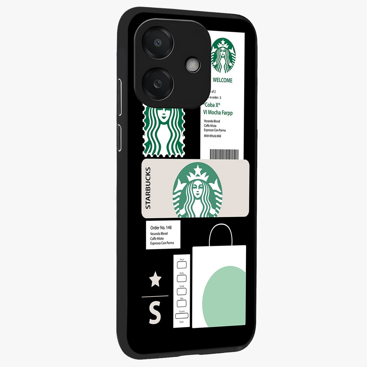 Starbucks Mocha Glass Case upright view showcasing trendy coffee inspired artwork with modern lifestyle theme.