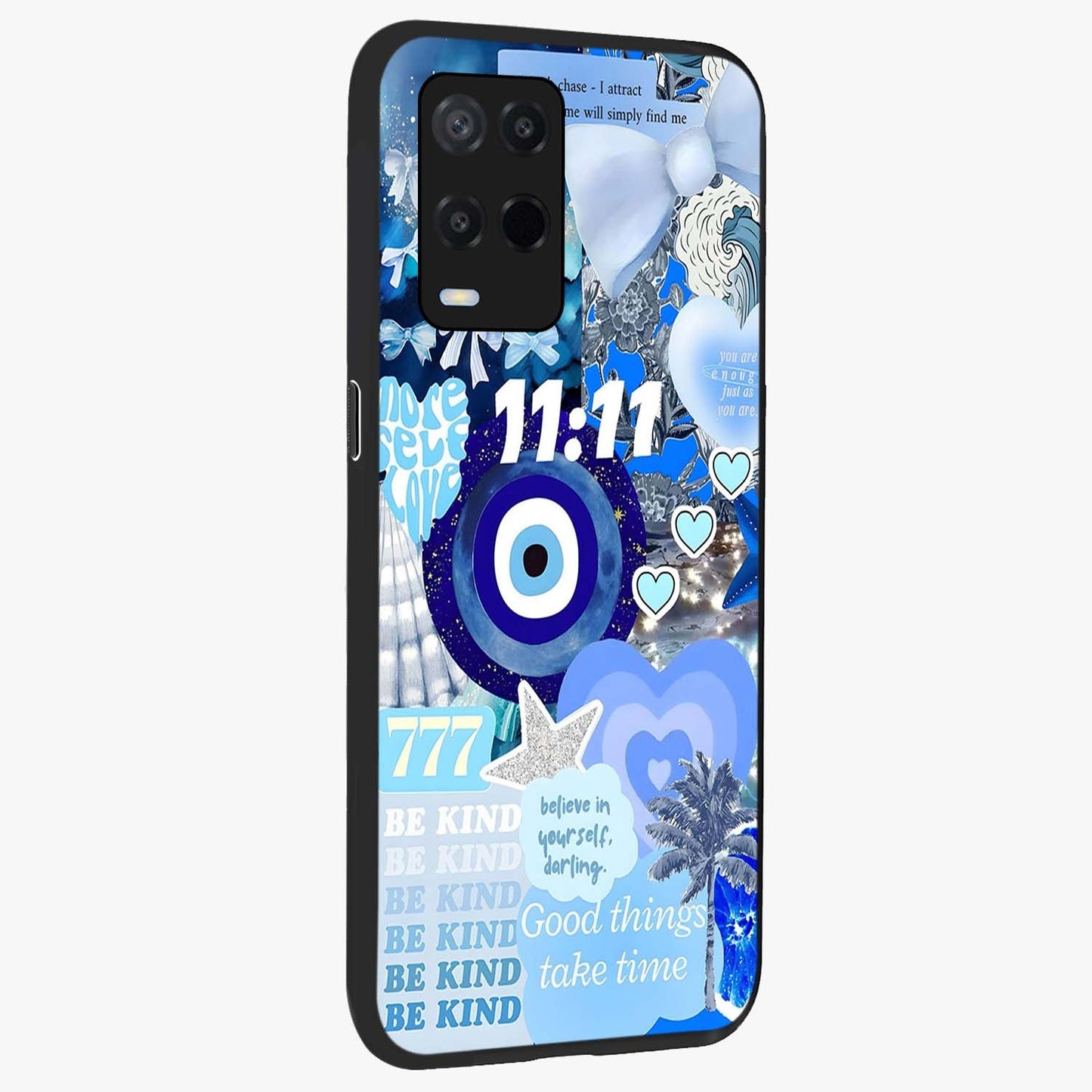 Aesthetic Be Kind Eye Glass Case upright view showcasing stylish eye illustration with positive message theme.