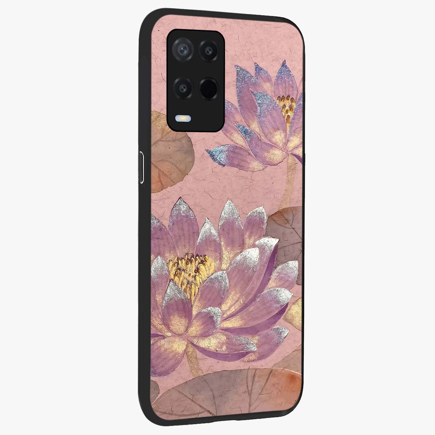 Blossom Mist Lotus Glass Case upright view showcasing graceful lotus flower design with peaceful botanical style.