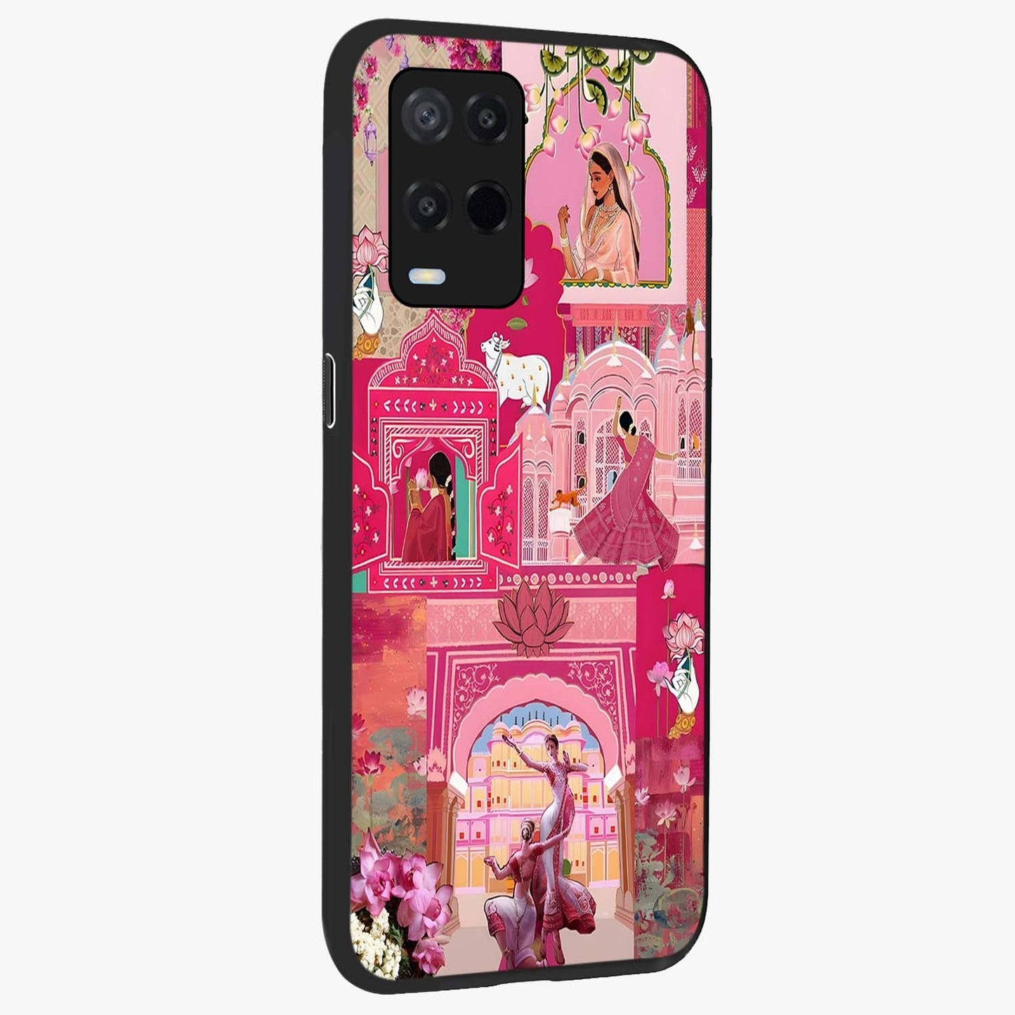 Blossoms of Rajasthan Glass Case upright view showcasing colorful floral design inspired by traditional Indian art.