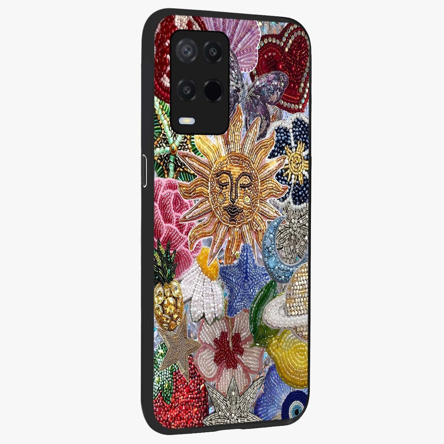 Celestial Floral and Playful Glass Case upright view showcasing whimsical floral artwork with cosmic aesthetic theme.