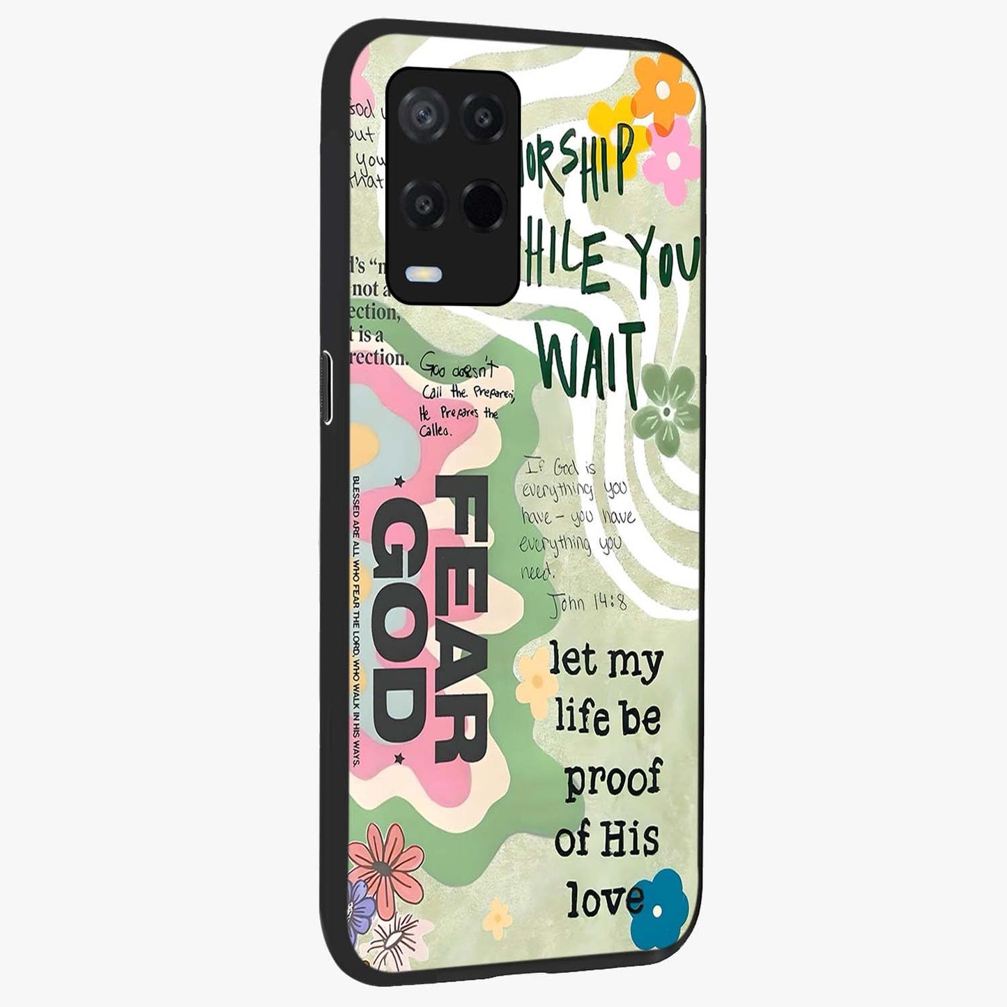 Faith Over Fear Glass Case upright view showcasing bold typography artwork with uplifting motivational theme.