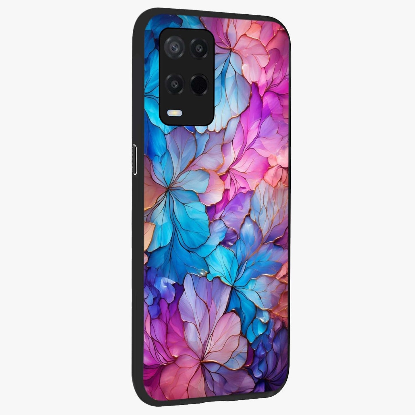 Radiant Floral Whirl Glass Case upright view showcasing lively floral artwork with decorative swirl theme.