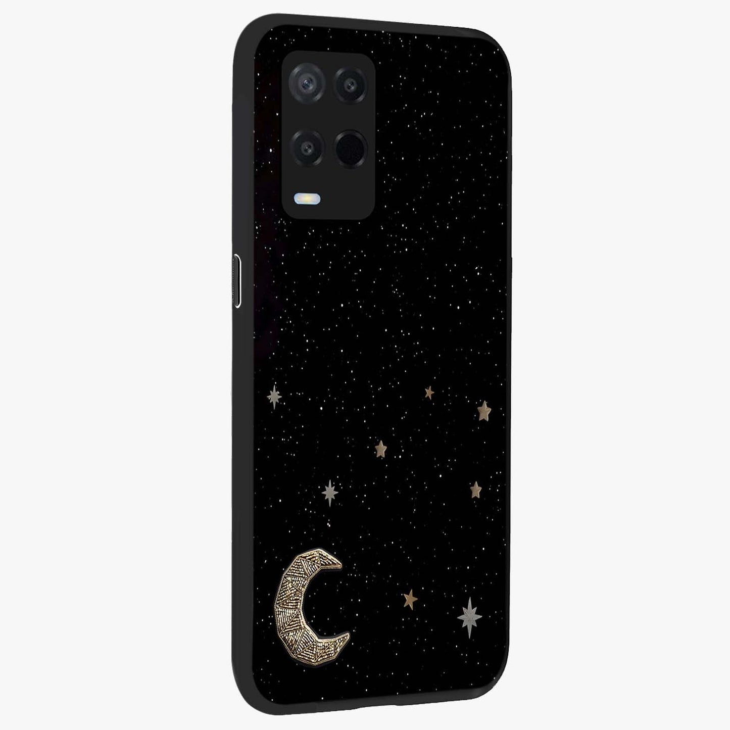 Twinkle Star With Half Moon Glass Case upright view showcasing glowing cosmic artwork with dreamy night theme.