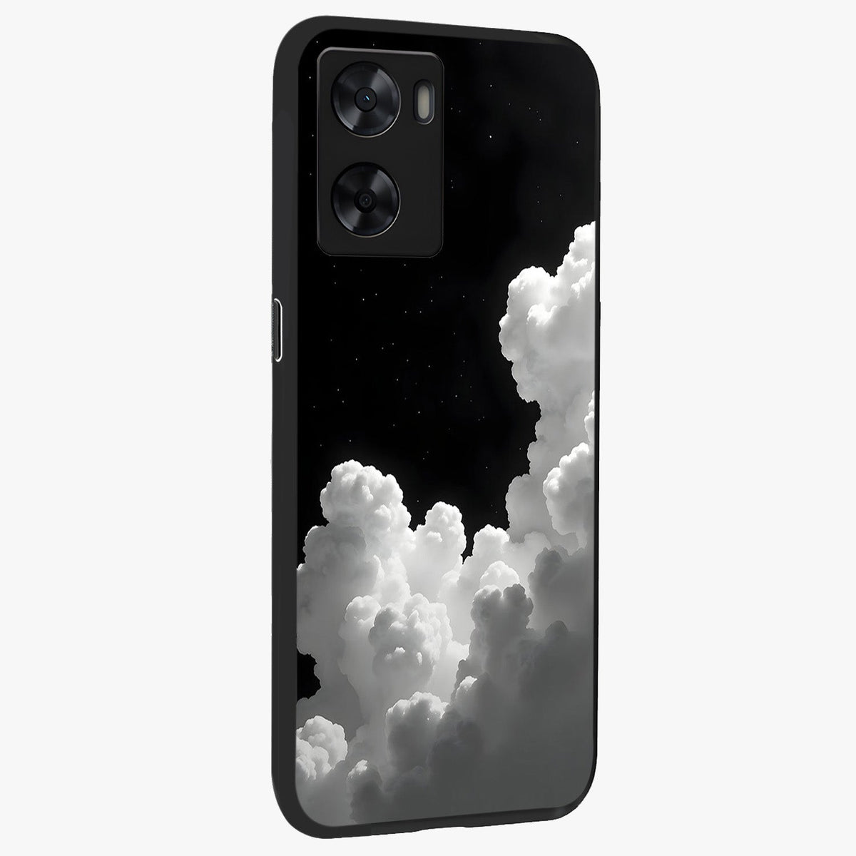 Black Background With White Cloud Glass Case upright view showcasing calm cloud aesthetic with modern minimal style.