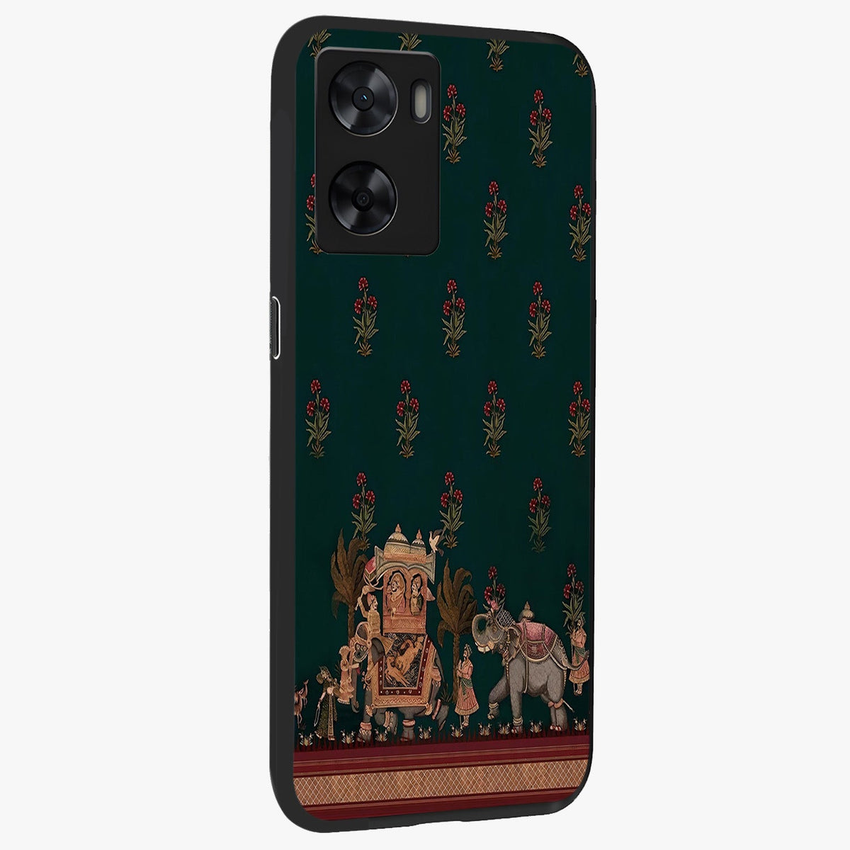 Macmerise Glass Case upright view showcasing bold artistic artwork with contemporary design theme.