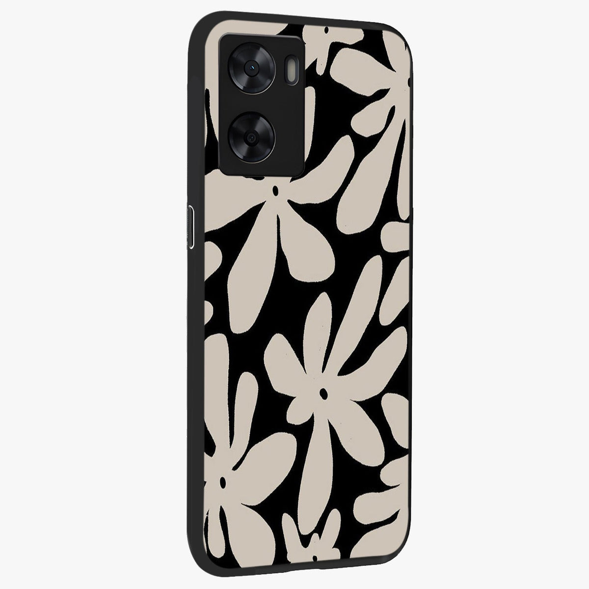 Monochrome Petal Dance Glass Case upright view showcasing artistic floral pattern with stylish monochrome theme.