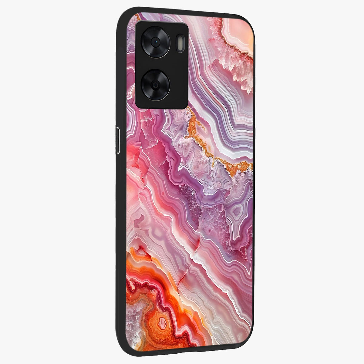 Rose Quartz Marble Glass Case upright view showcasing decorative marble artwork with luxurious pastel theme.