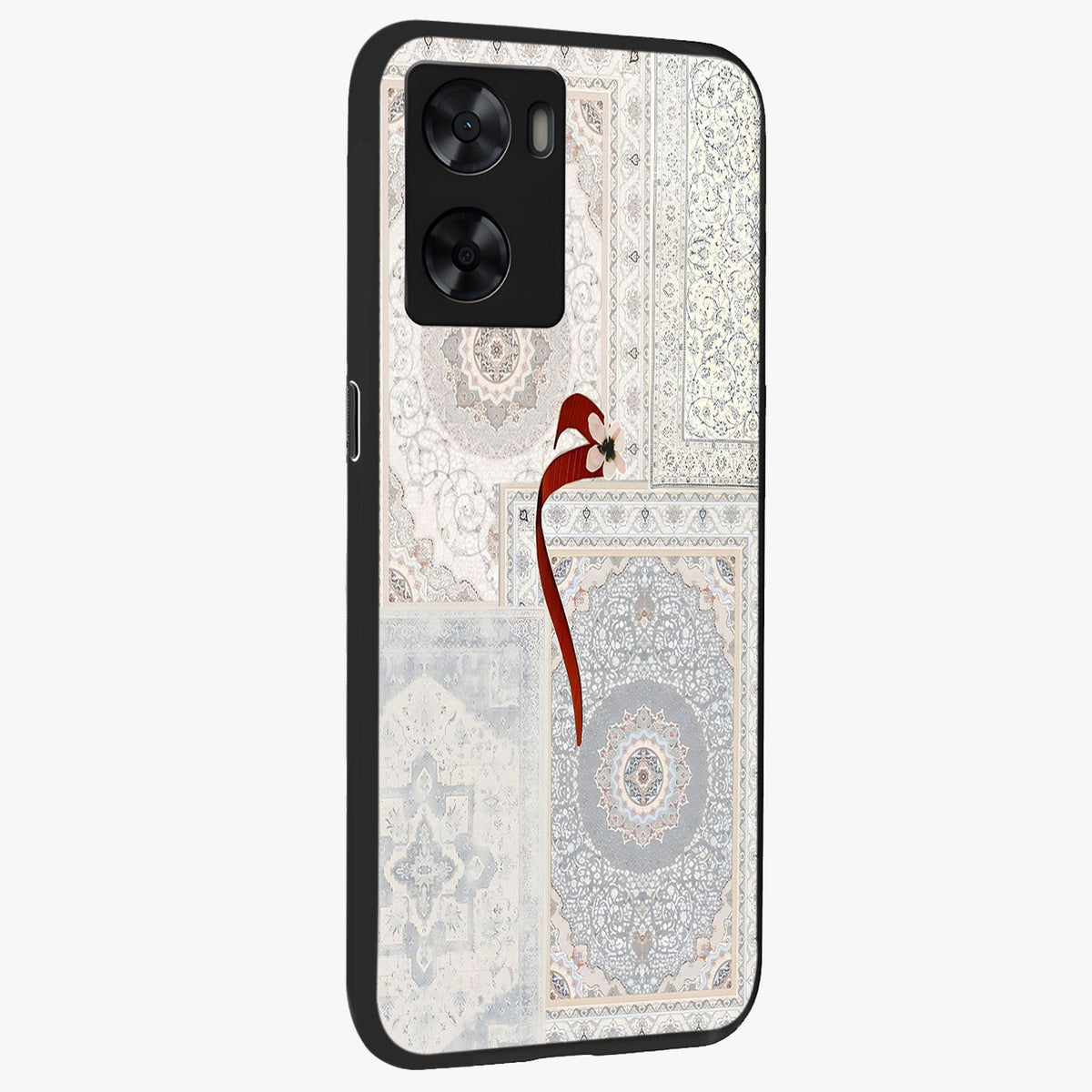 White Aesthetic Bow Glass Case upright view showcasing delicate ribbon bow artwork with cute minimalist theme.
