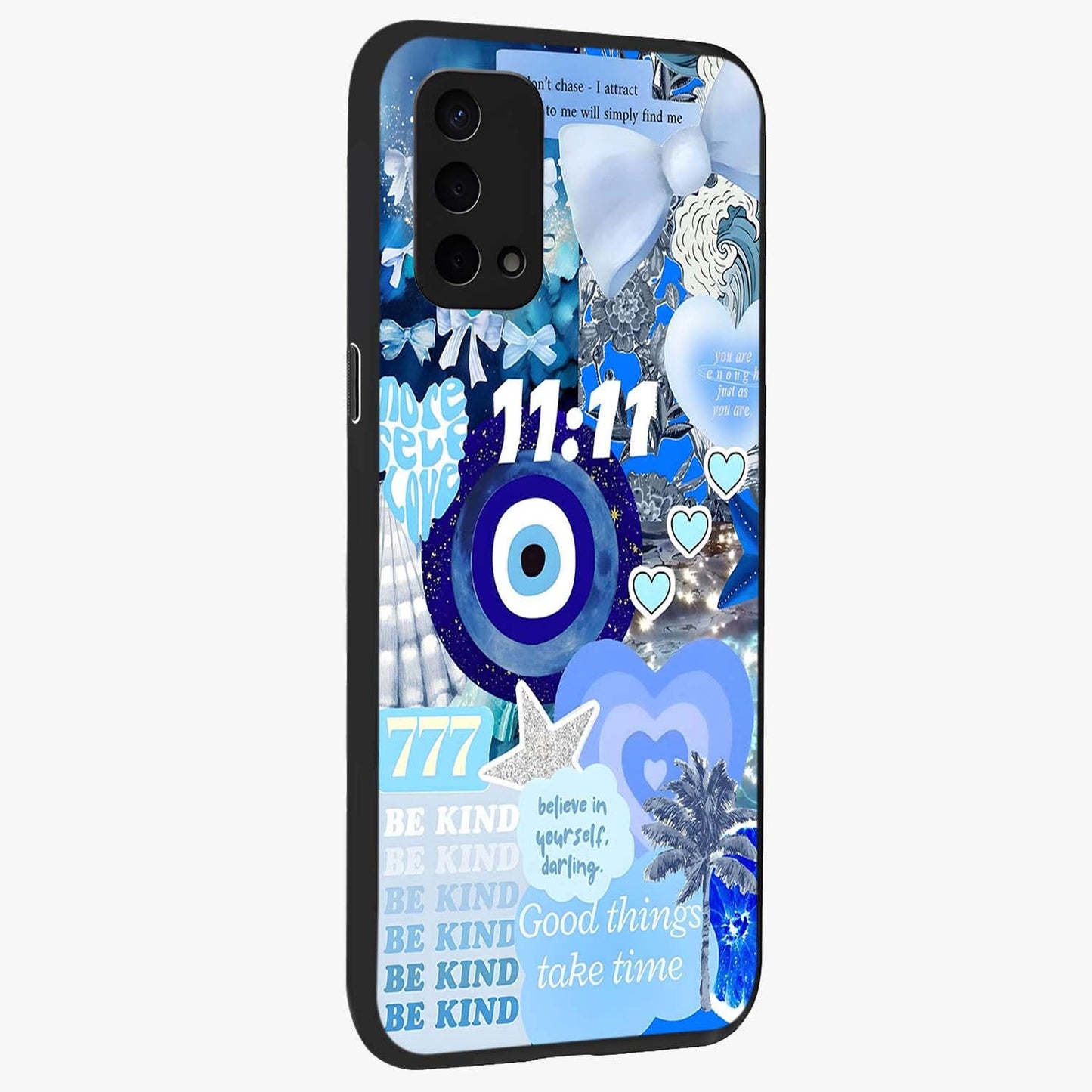 Aesthetic Be Kind Eye Glass Case upright view showcasing stylish eye illustration with positive message theme.