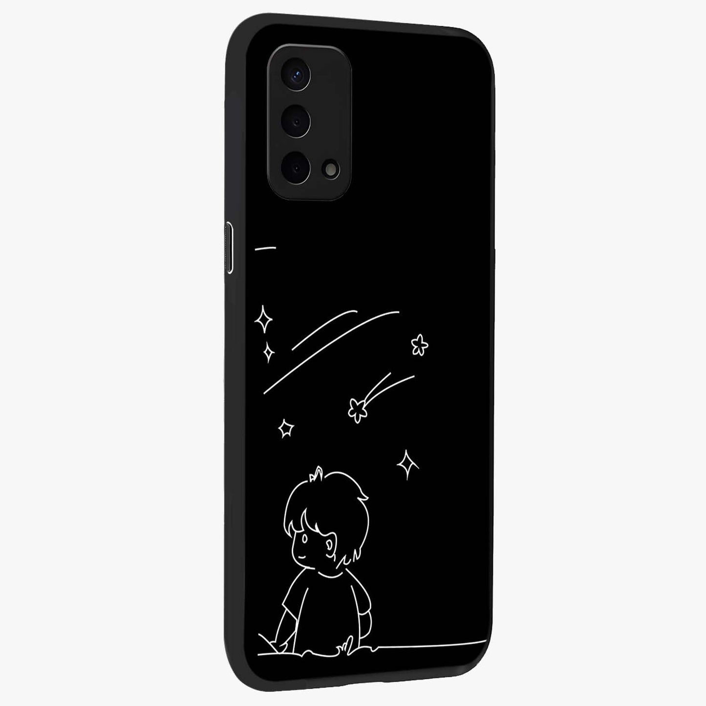 Line Art Boy With Shooting Stars Glass Case upright view showcasing artistic shooting star illustration with minimal style.