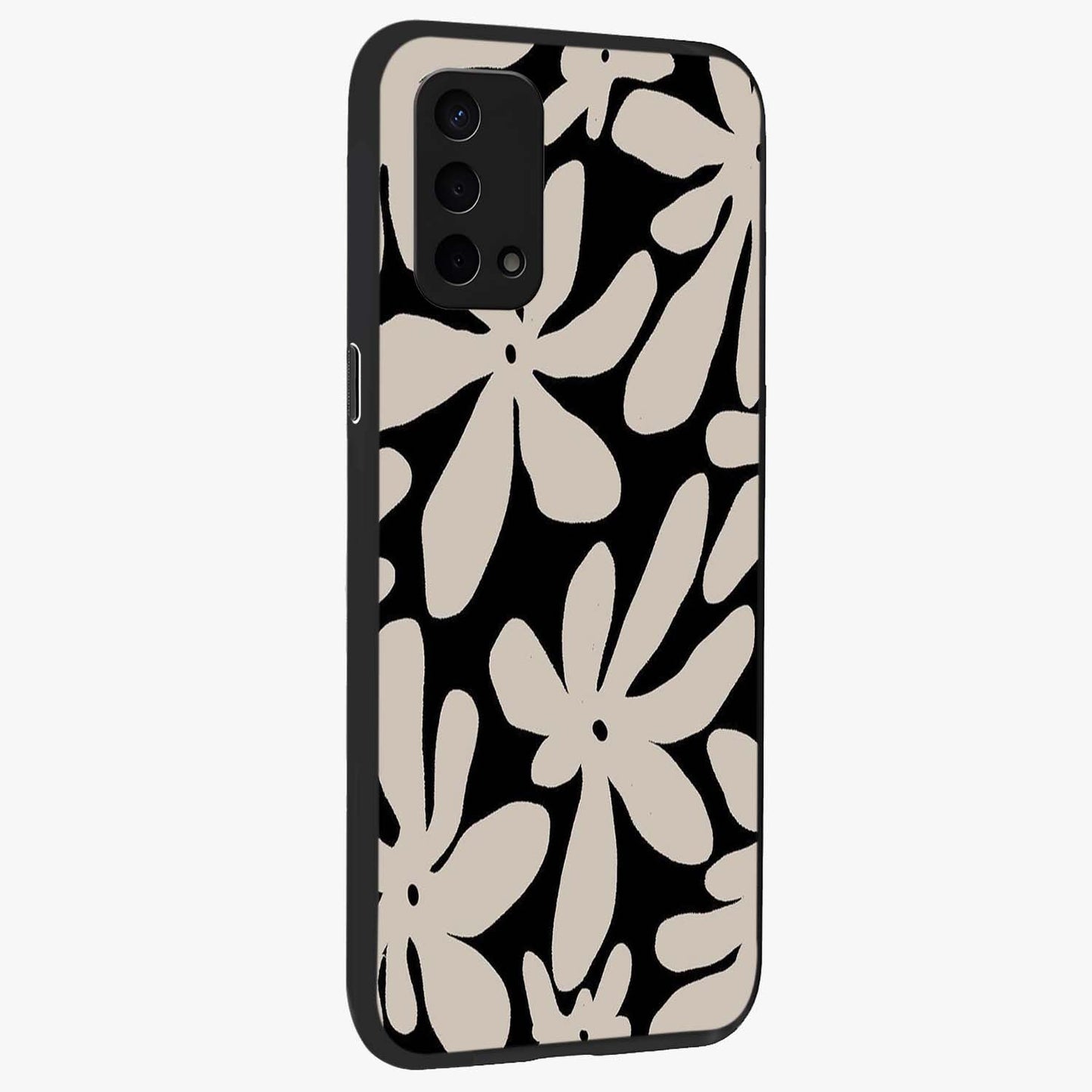 Monochrome Petal Dance Glass Case upright view showcasing artistic floral pattern with stylish monochrome theme.
