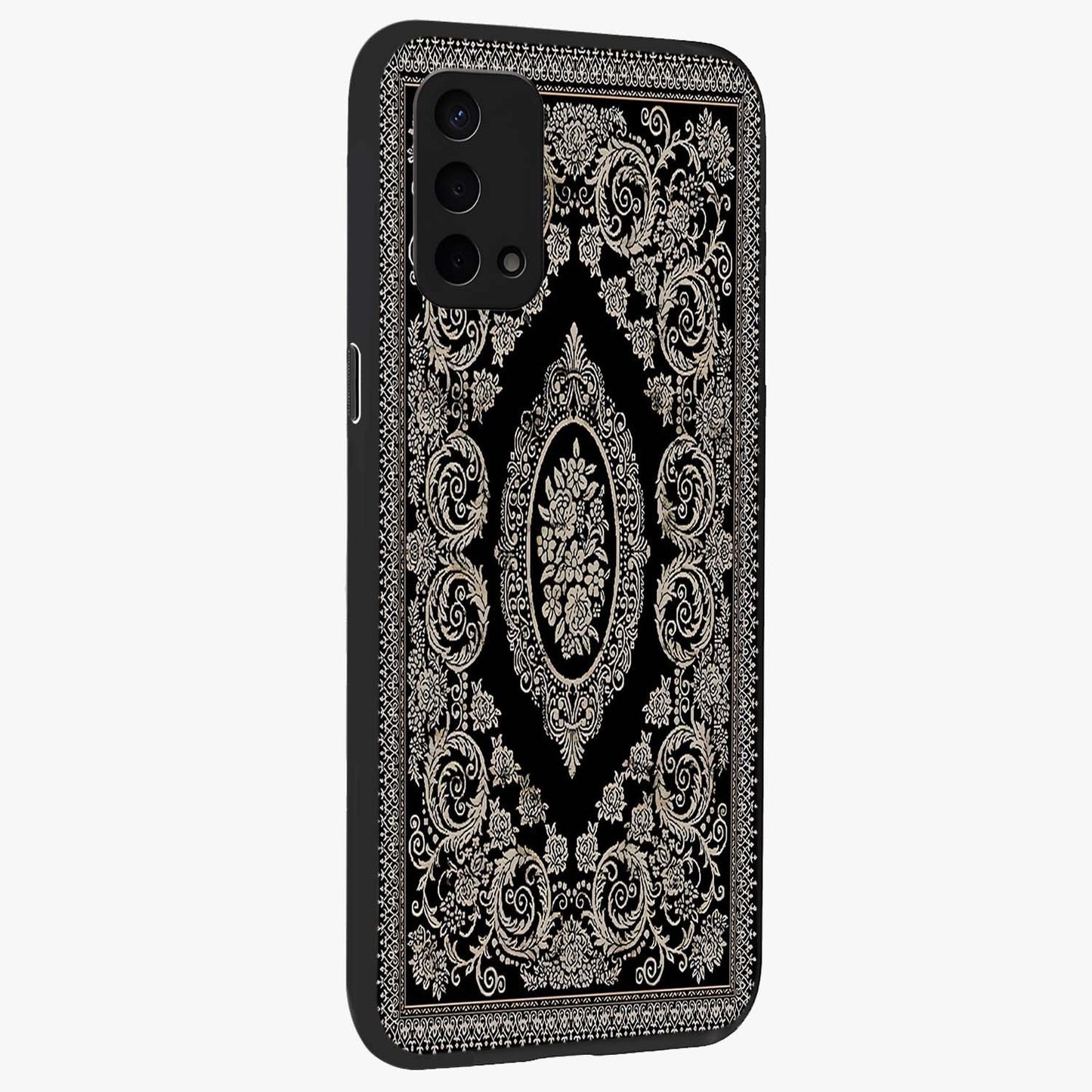 Noir Bloom Elegance Glass Case upright view showcasing graceful floral artwork with luxurious dark theme.