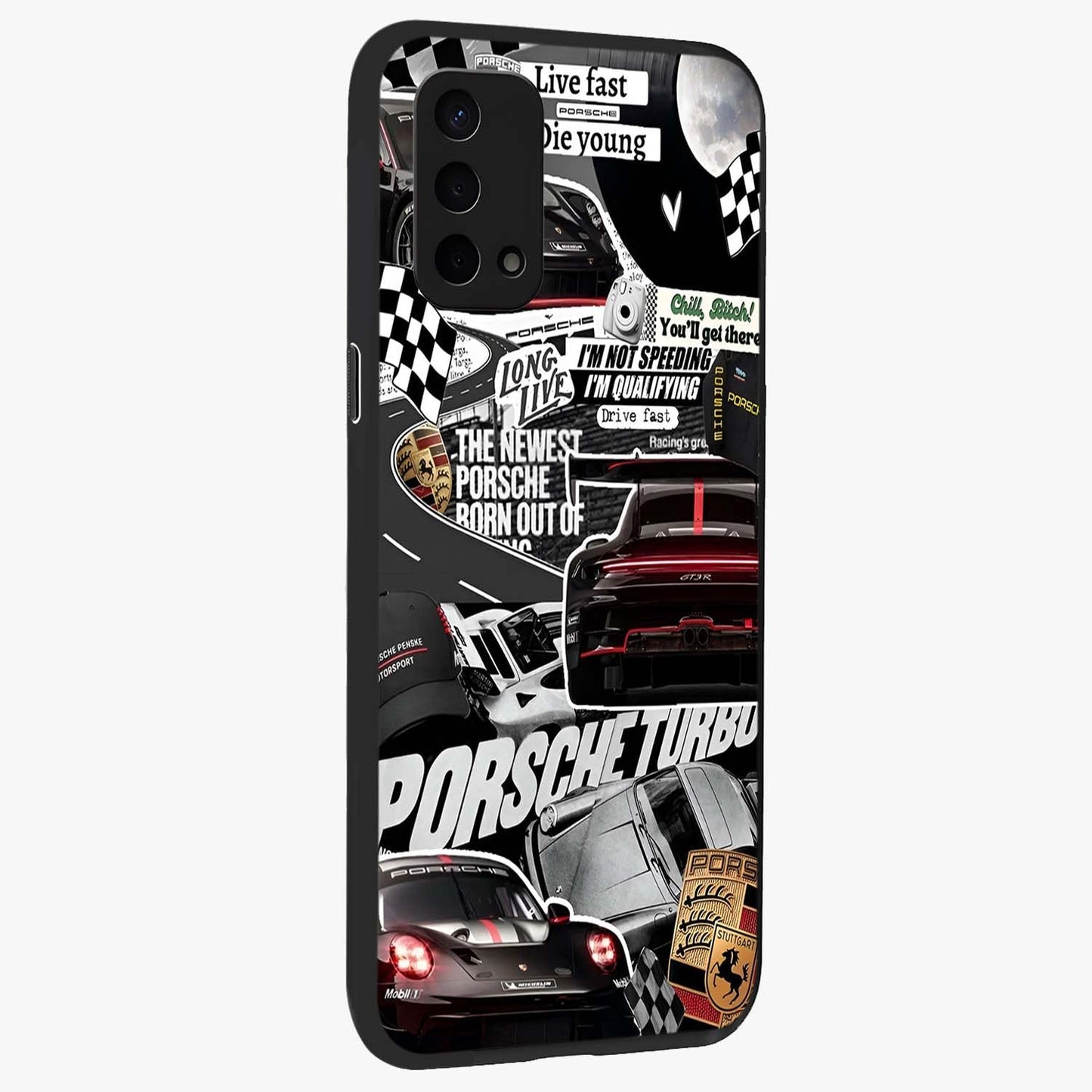 Porsche Racing Collage Glass Case upright view showcasing energetic car collage artwork with high speed racing theme.