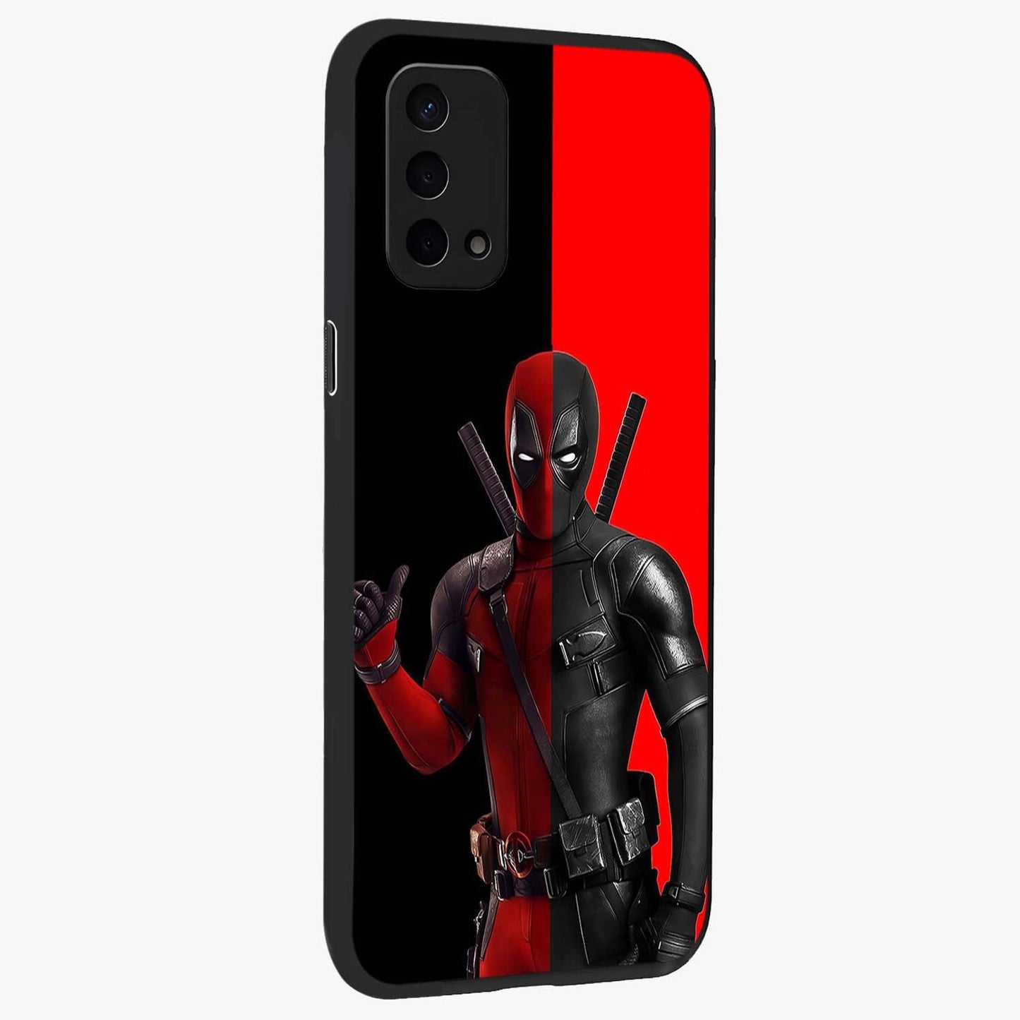 Red & Black Deadpool Theme Glass Case upright view showcasing energetic comic themed artwork with striking red and black design.