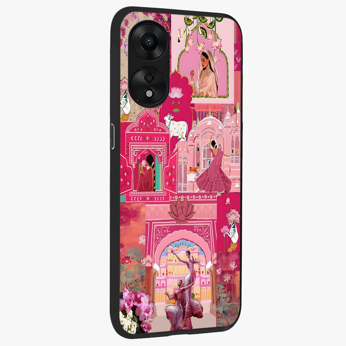 Blossoms of Rajasthan Glass Case upright view showcasing colorful floral design inspired by traditional Indian art.