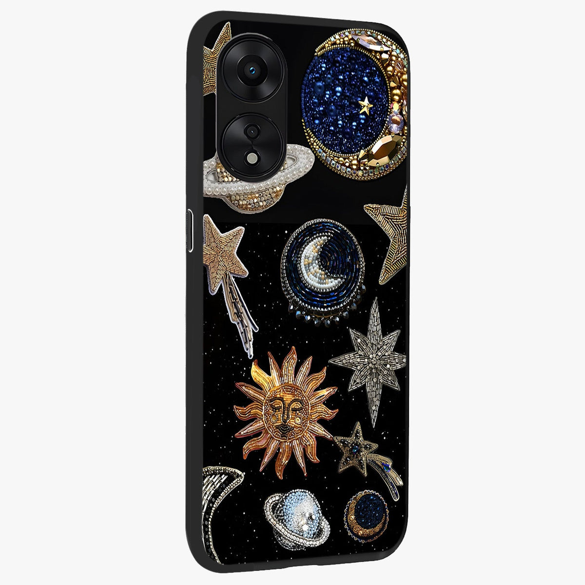 Celestial Gem Constellations Glass Case upright view showcasing cosmic constellation artwork with celestial aesthetic style.