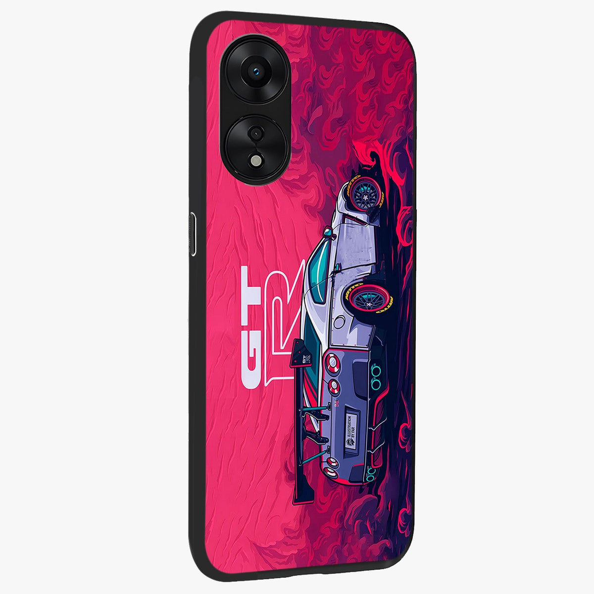 GT-R Car Pattern Glass Case upright view showcasing dynamic car pattern artwork with modern sports theme.