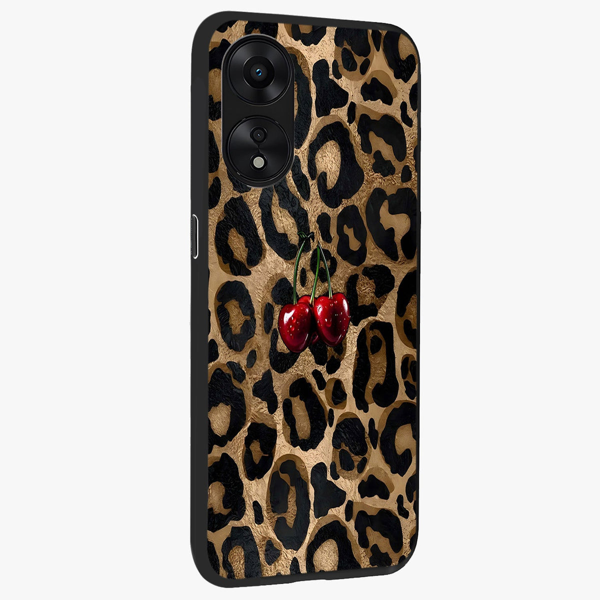 Leopard Wild Cherry Glass Case upright view showcasing stylish leopard pattern artwork with trendy fashion theme.